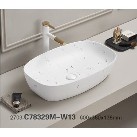 Vasque à poser en céramique blanche marbrée - L 60 x l 38 cm - Gamme Megi - Livraison gratuite
