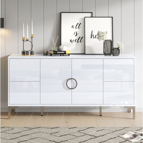 Aparador de MDF blanco brillo 150 x 38 x 59,5 cm con 4 cajones sin tiradores y 2 puertas (1/5)