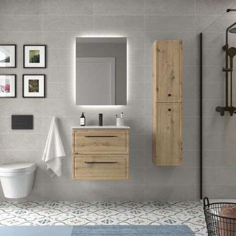Mueble de Baño RUNA 70cm Roble 2 cajones Lavabo 1 poza Porcelana (1/5)