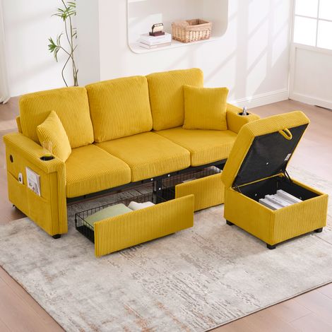 Canapé en velours haut de gamme avec éclairage LED et port USB-C, avec repose-pieds de rangement, porte-gobelets pratiques et poches latérales – qualité premium pour salon, chambre ou bureau. Jaune mo (1/5)
