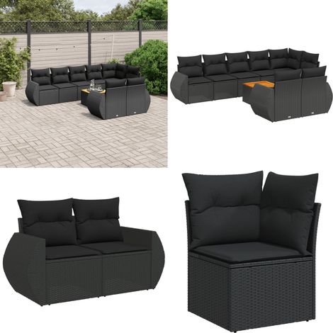 9-tlg. Garten-Sofagarnitur mit Kissen Schwarz Poly Rattan - Gartensorte - Gartenmöbelset - PE-Rattan Möbel - Outdoor Lounge Set - Esstischgarnitur - Home & Living (1/5)