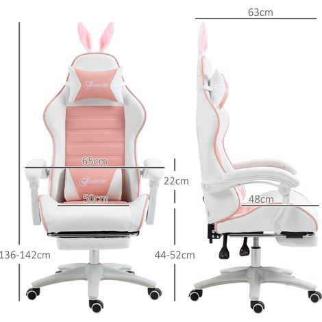 Fauteuil gamer ergonomique avec support lombaire, repose-pieds, accoudoirs oreilles de lapin, appui-tête, réglable en hauteur et inclinable (rose). (1/5)