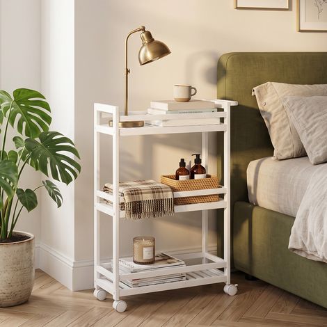 Desserte de cuisine à roulettes 3 niveaux en bambou blanc, étagères ajourées avec rebords, poignée et 2 freins, 55 x 20 x 75 cm, charge 12 kg – CHICFURN (1/5)