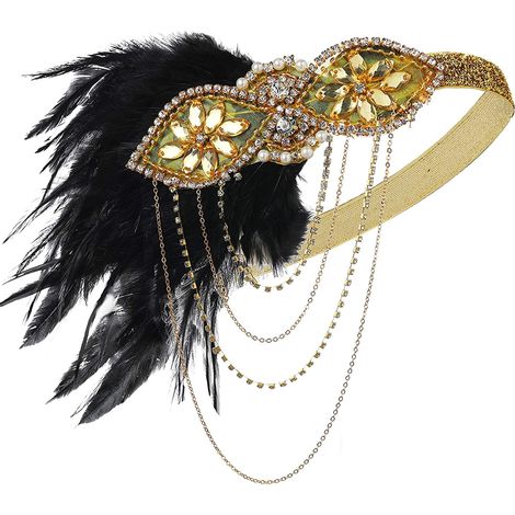 Headband Flapper Années 1920 - Plume Noire Cristaux Bijoux - Accessoire Cheveux Thème Great Gatsby - Taille Unique (1/5)