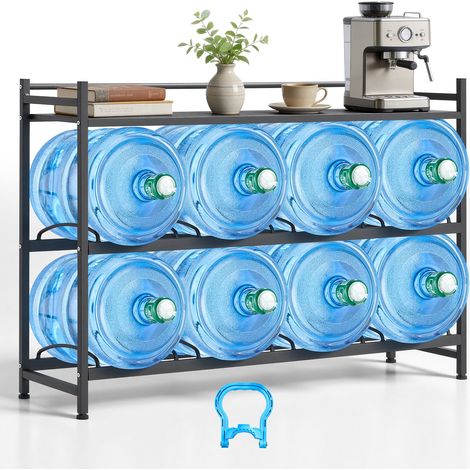 Support de Bonbonne d'Eau, Rack de Rangement pour 8 Bidons de 11L et 19L, 3 Niveaux 4 Rangées, Cadre en Métal avec Étagère de Rangement, pour Cuisine, Bureau, Salon, Design Incliné, Noir (1/5)