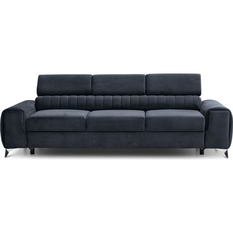 Canapé convertible velours LOZA - Appuis-tête réglables et pieds acier chromé-Bleu marine (1/5)