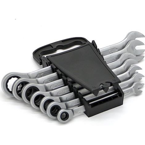 Set chiavi a cricchetto con testa fissa, manici in plastica nera, utensili manuali per il fai da te, 7 pezzi/set, confezione su rack (1/5)