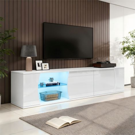 Meuble TV laqué brillant 180x40x45 cm - Éclairage LED - 3 portes - Vitrage en verre trempé - Panneaux de particules - Blanc