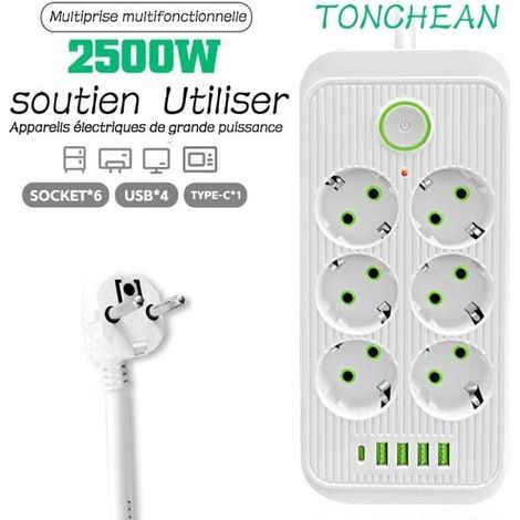 Multiprise Electrique,Bloc 6 Prises 2500W 10A 230V avec 4 Ports Chargeur (4 USB A+1 USB C) Prise Multi Parasurtenseur Parafoudre et Surtension avec Interrupteur Cable 2m-Blanc (1/4)