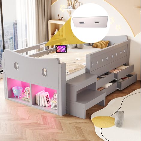 Kinderbett 90x200 cm aus Holz Grau mit Stauraum, ohne Matratze – MEUBLIV (1/5)