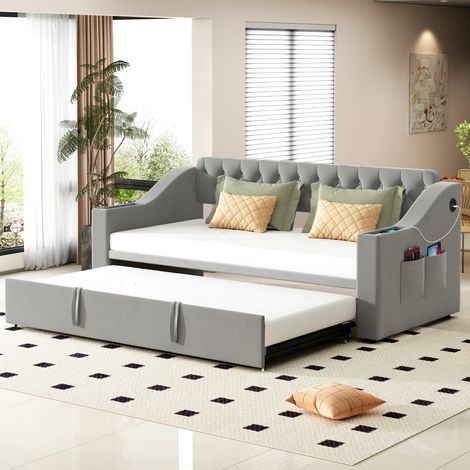Sofá cama 90x190cm con almacenamiento brazos con estantes con USB terciopelo color gris (Sin colchón) (1/5)
