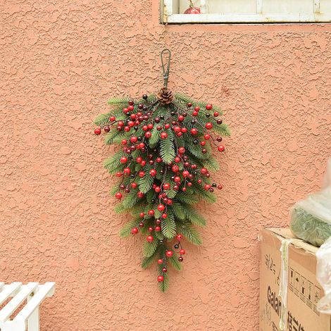 Hängende Weihnachtswanddekoration, grünes Laub mit roten Beeren, künstliche Hängepflanzen, Plastikblätter, Schaumstoffbeeren, natürliche Tannenzapfen, 60x38cm. (1/5)
