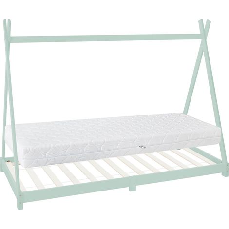 ML-Design Letto Montessori Tipi per Bambini 90 x 200 cm Verde Menta, in Legno di Pino Massiccio, con Rete a Doghe e Materasso da 16 cm in Schiuma Fredda, Lettino Basso a Tenda Indiana per Cameretta