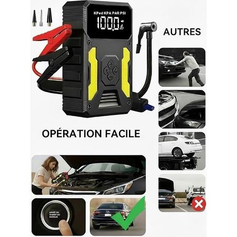 Démarreur portable avec compresseur modes LED charge rapide kit et sécurité pour voiture SUV diesel jusqu'à camping voyage et été (1/4)