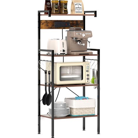 COSTWAY 4-Tier Kitchen Bakers Rack Microwave Oven Stand w/ Power Outlet-Brown (1/5)
