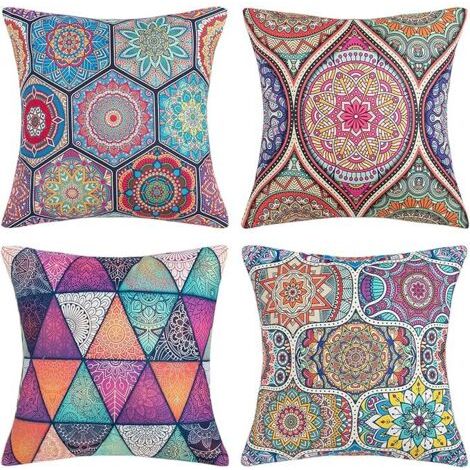 Taie d'oreiller Coton et Lin Bohême Datura Housses De Coussin Carré pour Lit Voiture De La Maison Canapé Chambre Salon Maison Deco Intérieur Extérieur 45x45cm, Ensemble de 4 pièces (1/5)