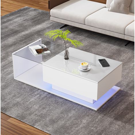 Tavolino bianco effetto lucido 100 x 50 x 32 cm con piano in vetro, cassetto e LED HAVRYA (1/5)