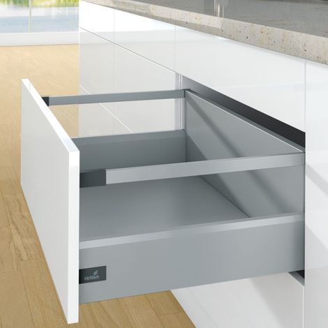 Hettich – Kit coulisse pour tiroir 126mm – Casserolier avec bandeaux 250mm – 1 paire côtés + 2 attaches façade – Visserie incluse (1/4)