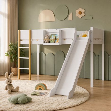 DESMIU Lit mezzanine enfant 1 place avec toboggan et étagère amovible 90 × 200 cm, sans matelas, blanc (1/5)