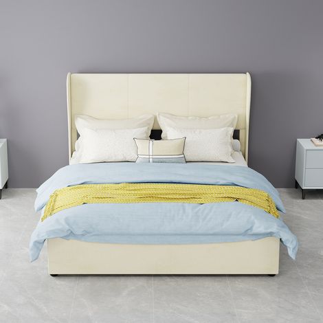 Lit rembourré moderne minimaliste, 140x200 cm, beige, meuble de chambre multifonction avec tête de lit douce et confortable, base de rangement haute avec mécanisme de levage à gaz, matelas non inclus. (1/5)