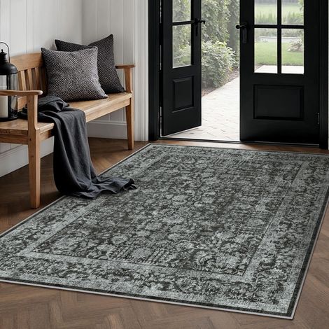 Vintage Tapis Salon 150x210cm Noir Lavable en Machine Rug Chambre Adulte Grand Rugs,Descente de Lit, AntidéRapant Carpet,Interieur Doux Poil Ras,Salle a Manger Carpets,Bureau (1/5)