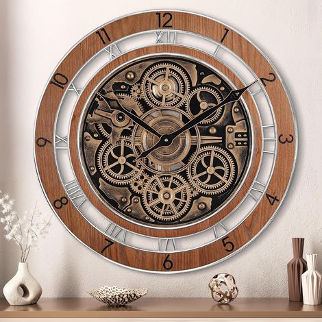 53cm Horloge Murale Geante avec Engrenages Mobiles Marron, Bois Industrielle Steampunk Grande Pendules Murales Vintage pour Décor Murale Salon Cuisine Bar (1/5)