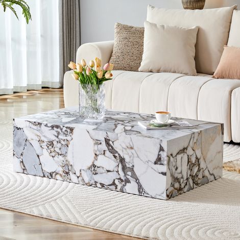 Mesa de centro 90x50x30 cm en MDF blanco efecto mármol, lista para usar – MEUBLIV (1/5)