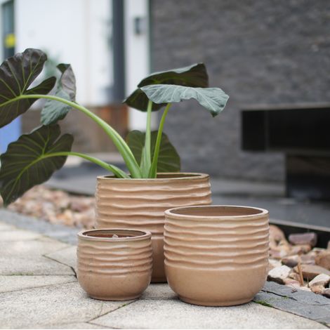 Set de 3 pots de fleurs en céramique 34,6 cm brun clair, avec drainage pour balcon, FloraGrace (1/5)