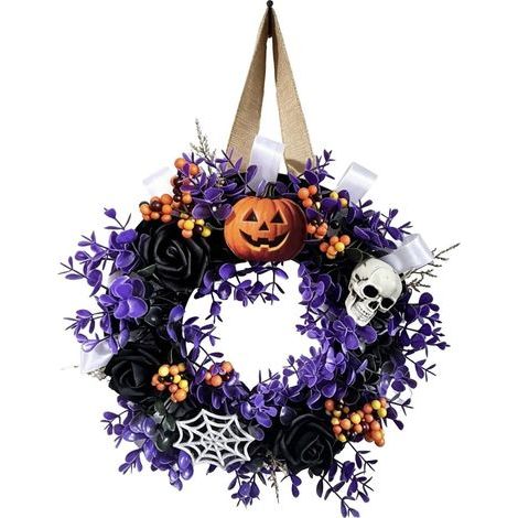 Lot de 2 couronnes citrouilles effrayantes et guirlandes crânes, décoration murale ou porte Halloween, maison hantée, fête et intérieur