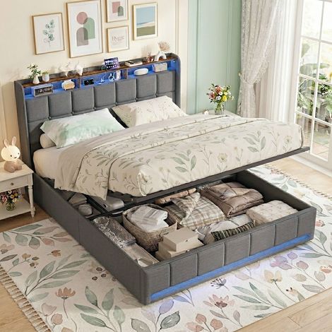 Cama Canapé 140x190 cm, Cama de Matrimonio Adulto/Infantil con Somier de Láminas, Cabecero Tapizado en Lino, Almacenaje Hidráulico, Iluminación LED y Puertos USB/Tipo C - Gris