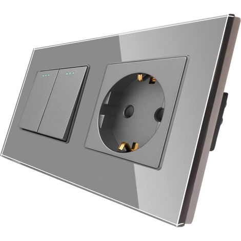 [PRODUIT RECONDITIONNE] CNBINGO Interrupteur mural à bascule 2 voies avec prise, plaque en verre gris, 10A 250V