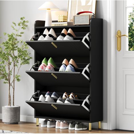 Zapatero de 3 puertas abatibles 80x23,5x123,5 cm MDF negro para recibidor - MEUBLIV (1/5)
