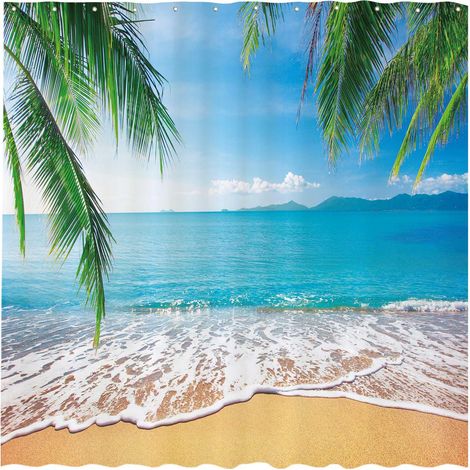 Rideau de Douche avec 12 Crochets - Motif Plage Tropicale - Scène de Bord de mer - Océan - Île - Palmier - Décoration de Salle de Bain - Durable - 183 x 183 cm (1/5)