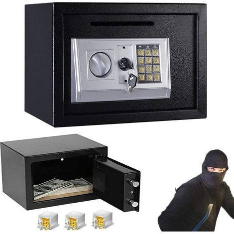 Coffre-fort ignifuge, coffre-fort en acier à double sécurité de 16 litres, coffre-fort pour meubles, avec serrure à double dent et serrure électronique par mot de passe, fer, noir