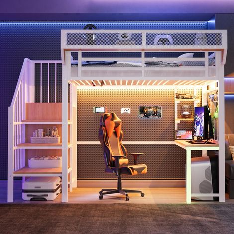 Lit mezzanine en métal 90x200 cm - Lit surélevé blanc avec bureau étagère échelle de rangement LED et prises intégrées pour enfant ado adulte style moderne