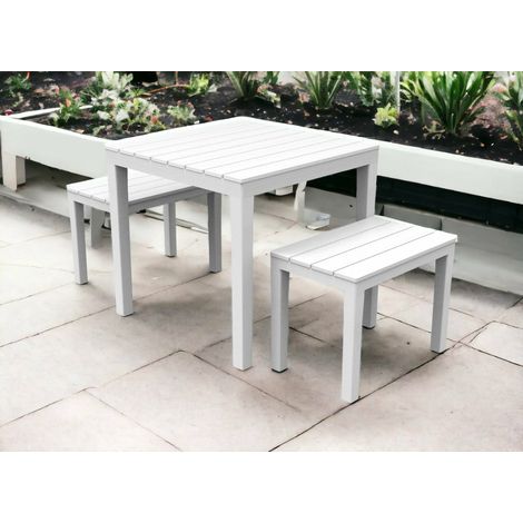 Dmora Salón de Jardín Moncalieri, Conjunto de jardín con 1 mesa cuadrada y 2 bancos, Pic Nic para interior y exterior, 100% Made in Italy, Blanco, con embalaje reforzado (1/3)