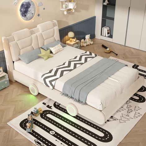 Lit voiture enfant 140x200 cm, tête de lit rembourrée réglable en hauteur, roues lumineuses, revêtement en flanelle, beige (1/5)