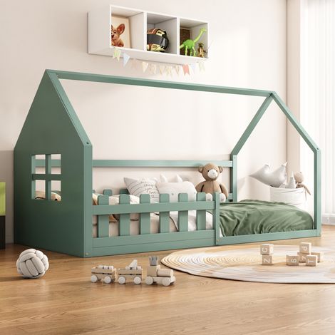 Letto a casetta 90x200 cm, con finestra, rete a doghe in legno massello, barriera di sicurezza, forma di casa, letto bambini - Verde
