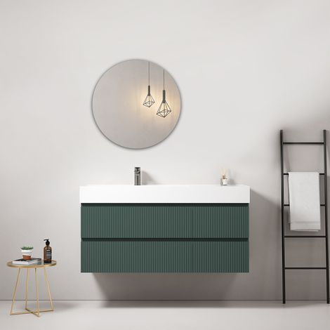 Mobile bagno sospeso cannettato 120 cm Verde Comodoro Lavabo a Sinistra in Resina Specchio Tondo - Fiji Paint (1/4)