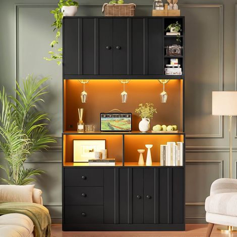 Armoire haute buffet enfilade 100x40x180cm vitrée LED prise électrique casier à vin cuisine et salle à manger, noir et naturel (1/5)