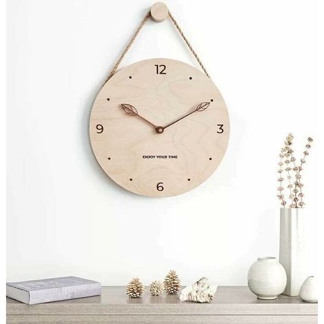 Horloge murale en bois rustique de 30 cm pour la décoration intérieure - Horloge murale analogique décorative à suspendre pour salon, chambre, cuisine, bureau et ferme - Mains en forme de feuille esth (1/3)