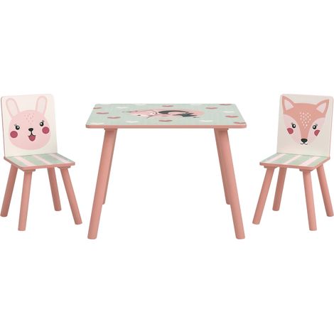 Ensemble table et chaises 3 pièces pour enfants de 3 à 8 ans, en MDF et pin, motifs animaux, rose. (1/5)