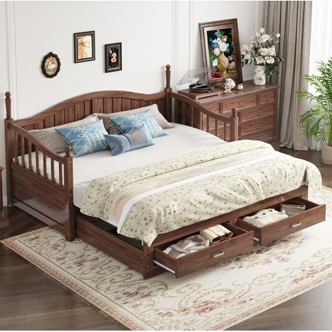 Canapé-lit gigogne en bois de pin noyer naturel 90x190 cm, extensible 180x190 cm, 2 tiroirs, sommier inclus (1/5)