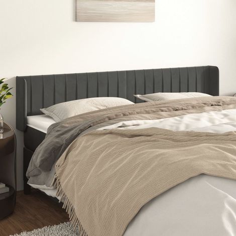 Tête lit de avec oreilles pour lit double, Cadre de lit, Tableau décoratif de chevet Gris foncé 203x16x78/88 cm Velours CDE95368 (1/5)