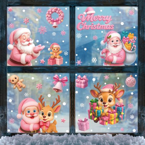 Décorations de fenêtre roses sur le thème de Noël pour chambre d'enfant, décorations de fenêtre mignonnes avec des motifs de dessins animés, autocollants statiques pour vitres - [Quatre combinaisons] 