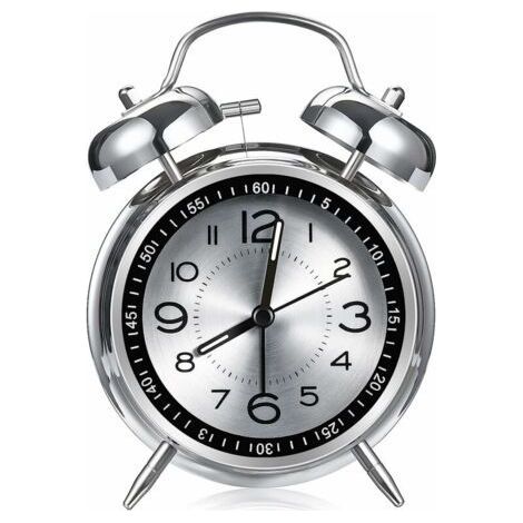 Réveil fort pour adultes ayant de graves problèmes de sommeil, réveil en métal de 4.5 pouces, surface silencieuse en aluminium avec lumière, double cloche (gris) (1/4)