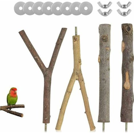 Ahlsen 4 Pièces Perchoir pour Oiseaux, Perchoirs pour Cage à Oiseaux, Jouets Oiseaux en Bois, Jouets pour Perruches Accessoires, 2 Forme, avec 8 Rondelles et 4 Vis Papillon, pour Perroquets, Oiseaux (1/5)