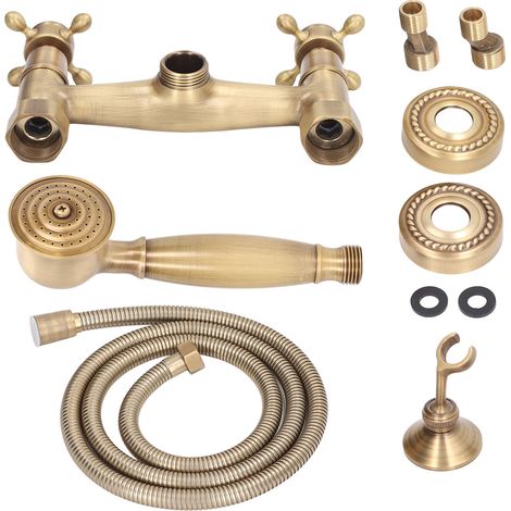 Antikes Duschsystem aus Messing mit Handbrause und wandmontiertem Kreuzgriff (1/5)