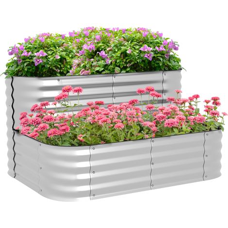 Hochbeet aus Metall, 2 Etagen, witterungsfest, offener Boden, 120 x 90 x 30cm, Farbe: Silber