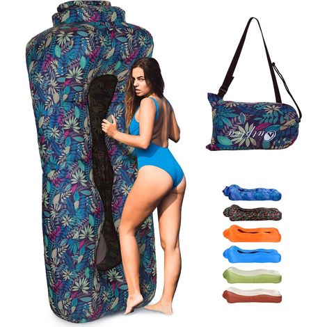 Hamac Gonflable avec Sac, Portable Canapé Gonflable Eau et Terre, Air Sofa Pouf Gonflable Exterieur pour Jardin Camping Plage Voyager, Bleu Tropical (1/5)